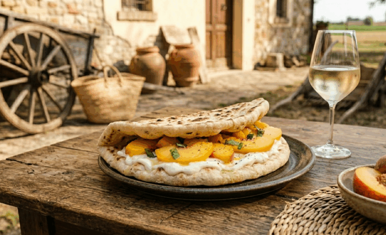 Piadina squacquerone e pesche con calice di vino